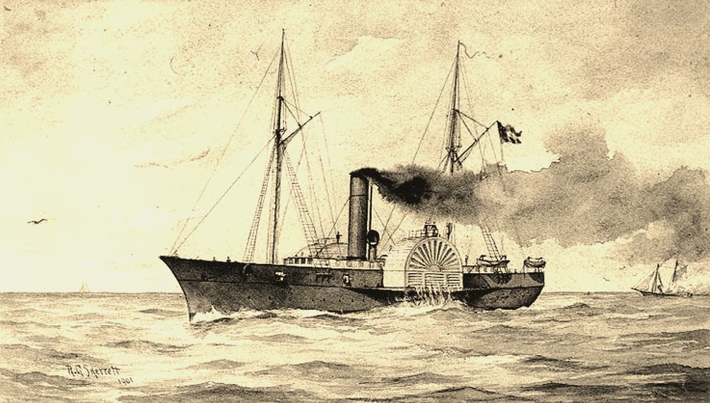 CSS Nashville (1861-1862) Wash drawing by R.G. Skerrett, 1901, depicting her steaming away after burning a captured schooner. Courtesy of th