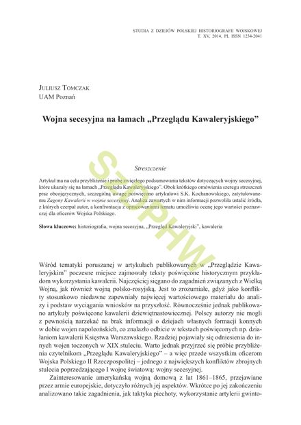 Pierwsza strona artykułu „Wojna secesyjna na łamach „Przeglądu Kawaleryjskiego””